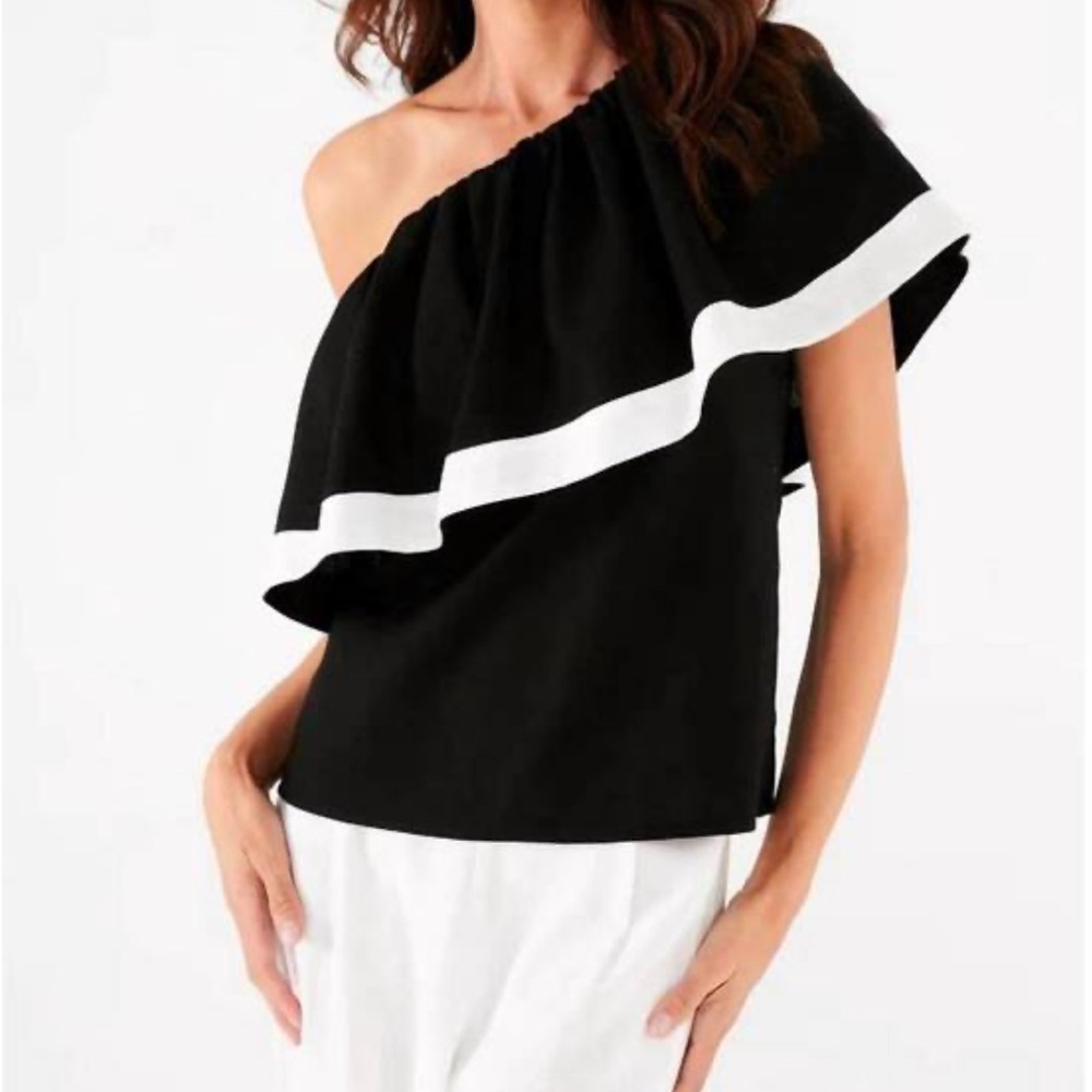 Abbey Glass One-Shoulder Black & White Ruffle Top S Cotton Linen